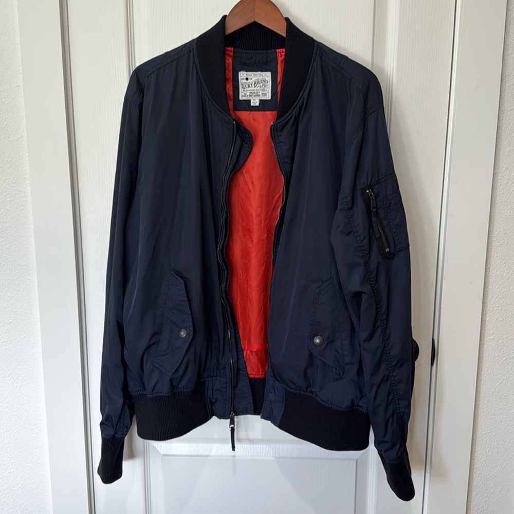 Lucky Brand Navy Bomber Jacket with Red Lining